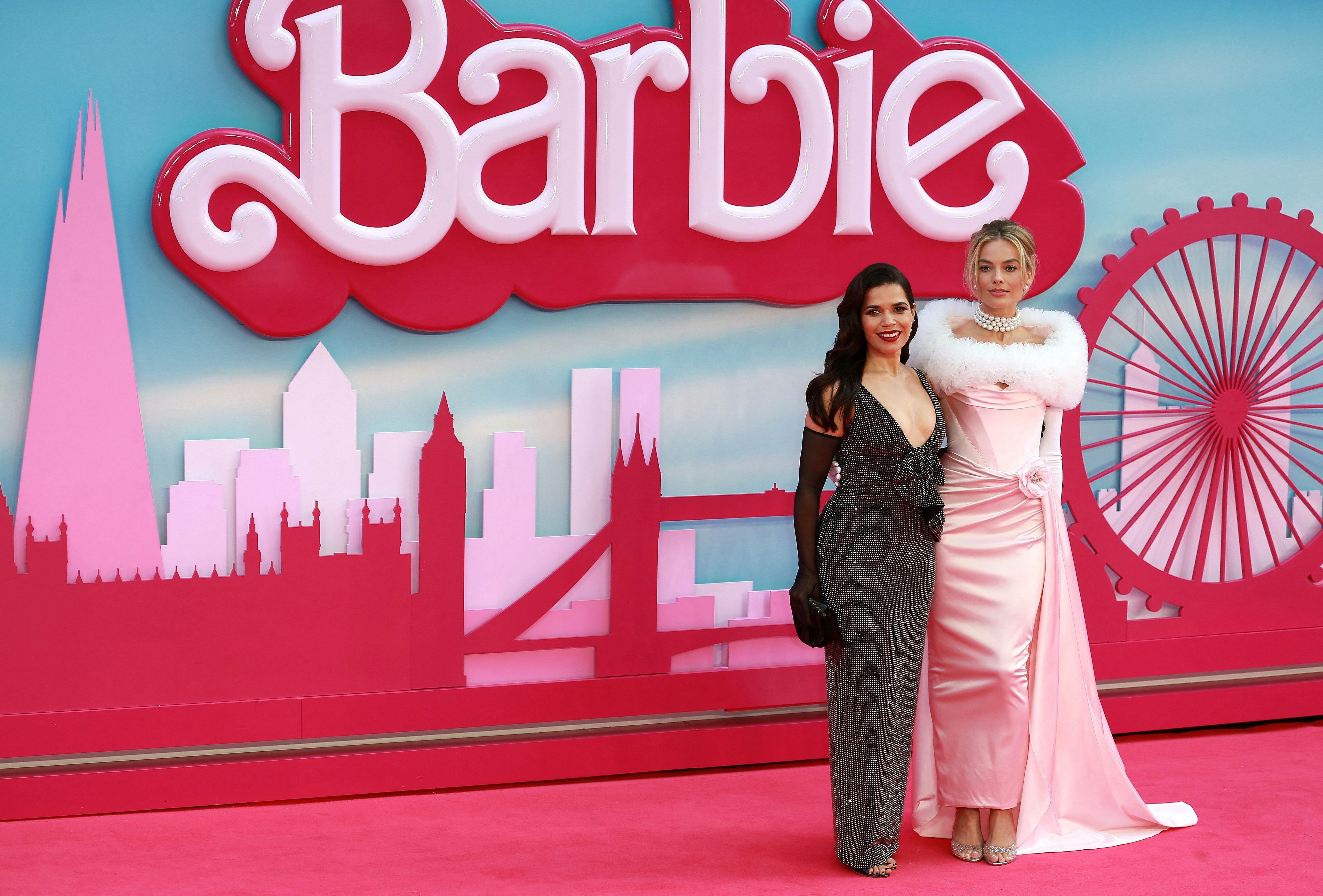 "Barbie" European Premiere at Cineworld Leicester Square on July 12, 2023 in London, England. 12 Jul 2023 Pictured: America Ferrera and Margot Robbie. Photo credit: Fred Duval/MEGA TheMegaAgency.com +1 888 505 6342 (Mega Agency TagID: MEGA1006781_012.jpg) [Photo via Mega Agency]