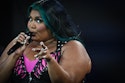 US singer Lizzo performs on stage on day 4 of the Glastonbury festival in the village of Pilton in Somerset, southwest England, on June 24, 2023. The festival takes place from June 21 to June 26. (Photo by Oli SCARFF / AFP)