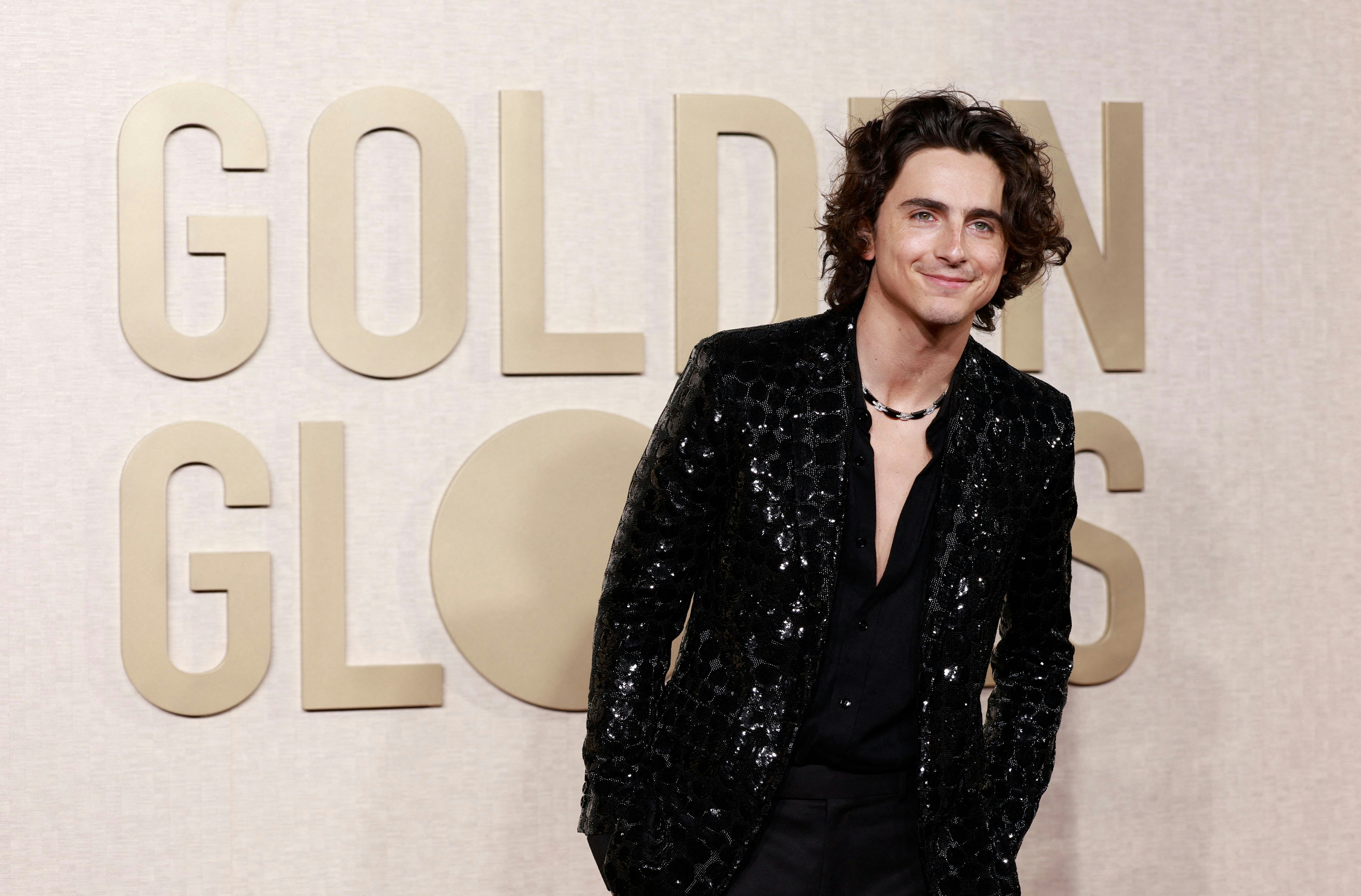 Timothee Chalamet arrives for the 81st annual Golden Globe Awards